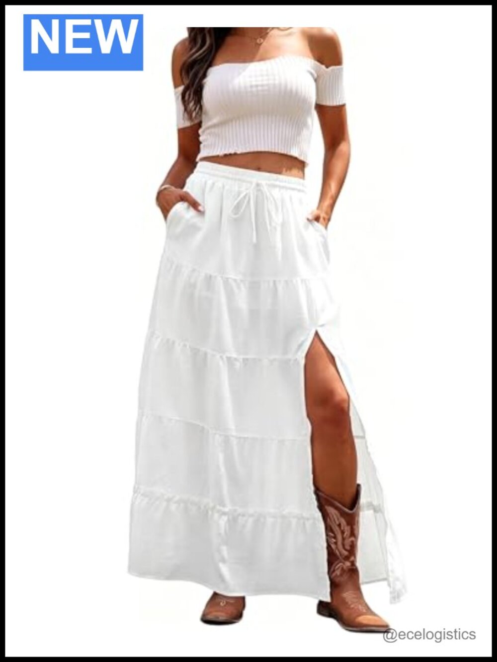 Boho Maxi Skirt High Slit Long Flowy with Pockets A-Line Tiered